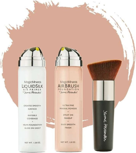 Magic Minerals AirBrush Foundation 3-delige set by Jerome Alexander – Bright/Light – Foundation en LiquidSilk Airbrush Primer kit – Met gratis Kabuki kwast - Make-up met een natuurlijke dekking