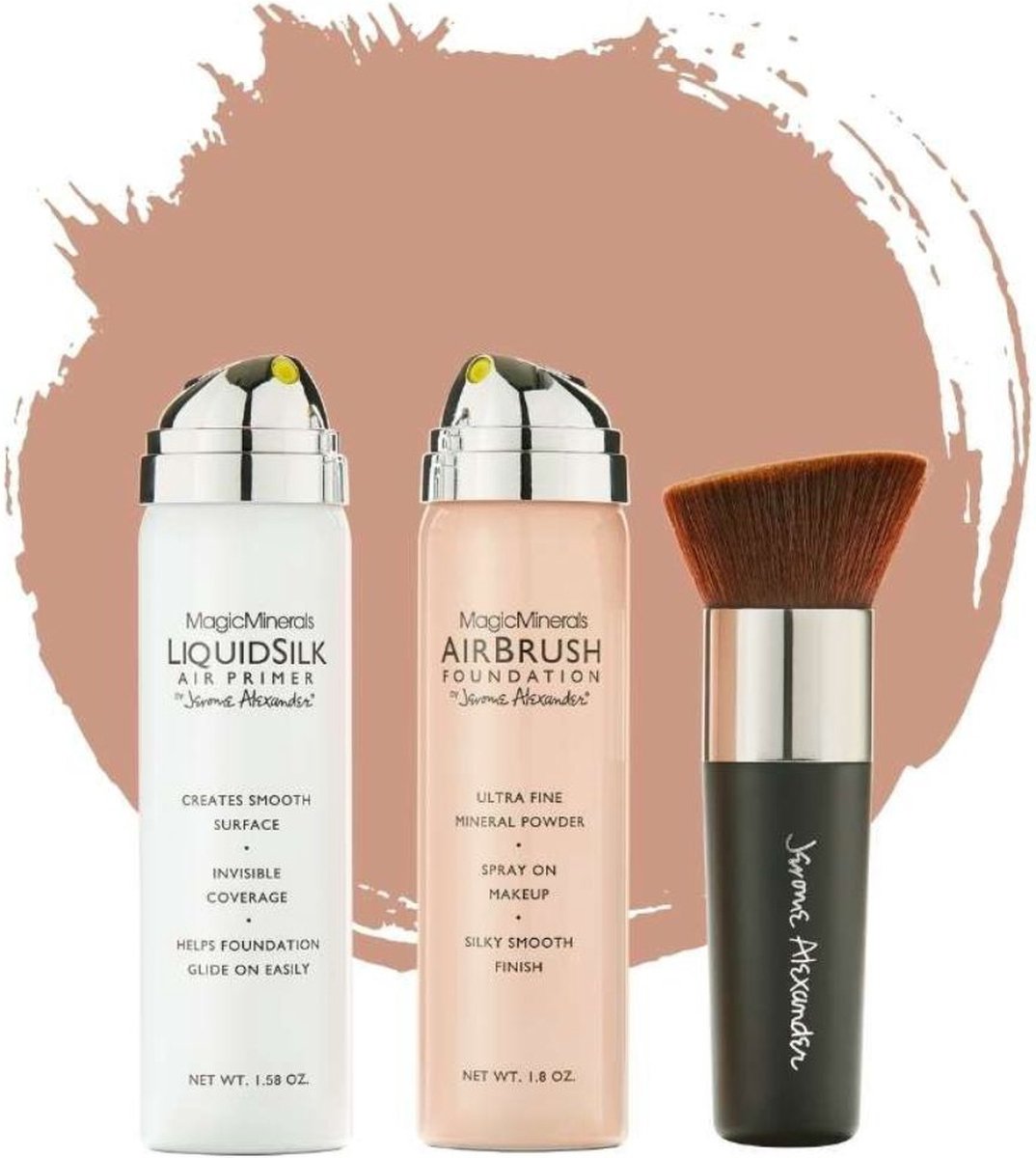 Magic Minerals AirBrush Foundation 3-delige set by Jerome Alexander – Bright/Light – Foundation en LiquidSilk Airbrush Primer kit – Met gratis Kabuki kwast - Make-up met een natuurlijke dekking