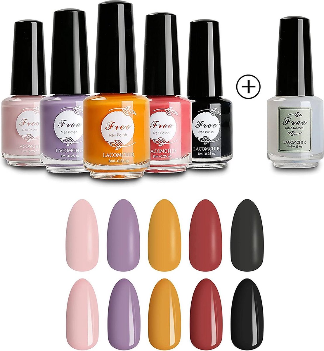 Lacomchir Sneldrogend Nagellak Set 6 x 8 ml Ademend Niet- Giftig 5 Kleuren Mat & 2-in-1 Glanzend Base en Top Coat Vegan Eco-Vriendelijke Organische Nagellak Nail Polish voor Vrouwen Kinderen Tieners