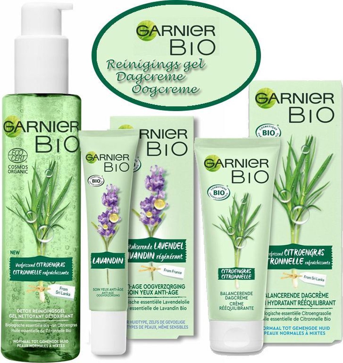 Geschenkset Garnier Bio: Dagcreme 50ml, Reinigings gel 150ml en Oogcreme 15ml