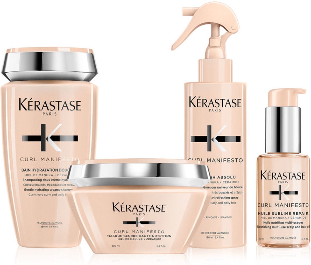 Kérastase Curl Manifesto Krullend haar pakket - Krultype 3 / 4 - Bain Hydratation Douceur Shampoo 250ml - Masque Beurre Haute Nutrition 200ml - Huile Sublime Repair Haarolie 50ml - Refresh Absolu Krulverfrissende Spray 190ml-