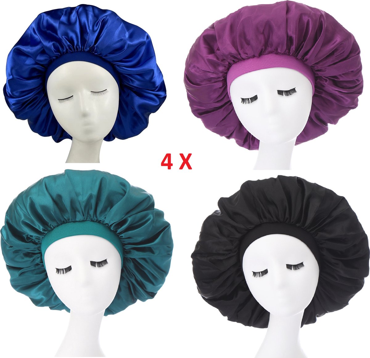 4 x Bonnet Haarnetjes Haarmuts Slaapmuts | Elastisch | Satijn | Haarverzorging | in 4 kleuren