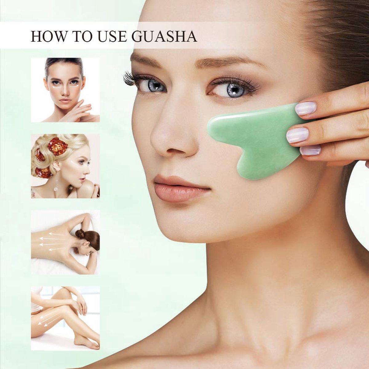 Euhomerce Jade Guasha schraper-Inclusief Reiszakje - Gua Sha tool voor uw skincare routine - Jade Steen- Rose Quartz Roller - 100% Rozenkwarts Steen van Hoge Kwaliteit - Xiuyan