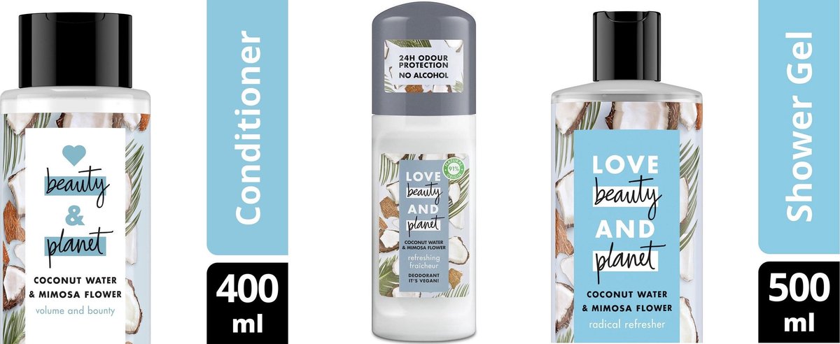 Love Beauty and Planet - Coconut water & Mimosa Flower - 3 stuks - Conditioner - Showergel - Deodorant