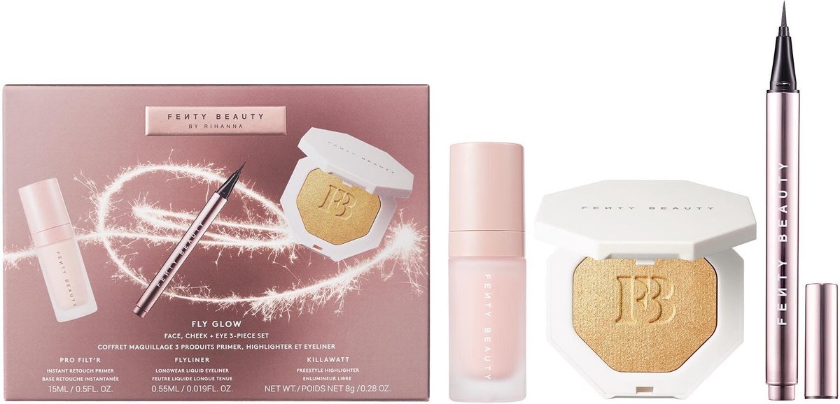 Fenty Beauty Fly Glow set - Primer - Liquid Eyeliner - Killawatt Freestyle Highlighter Trophy Wife