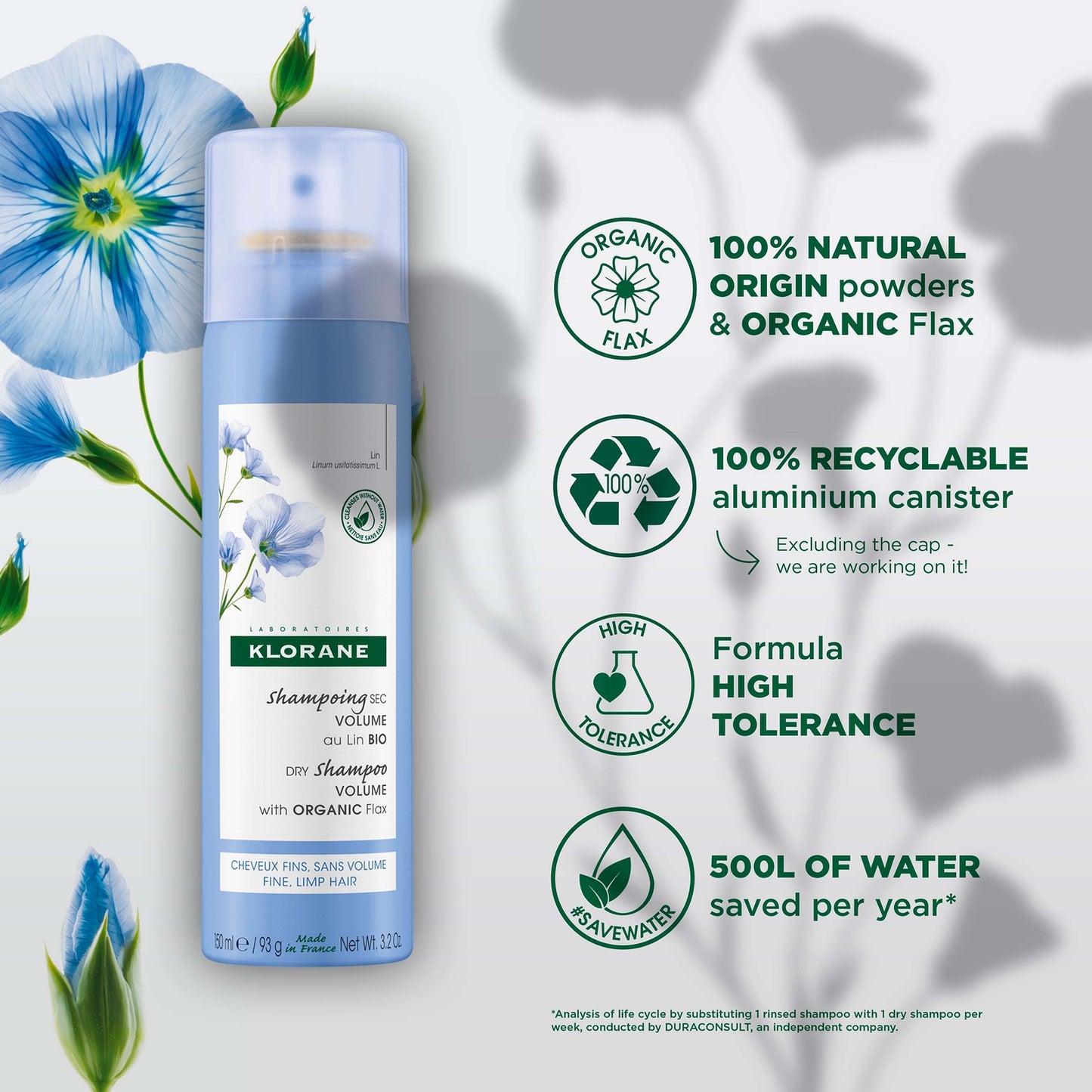 KLORANE Volumising Dry Shampoo with Organic Flax Fibre for Fine, Limp Hair 150ml