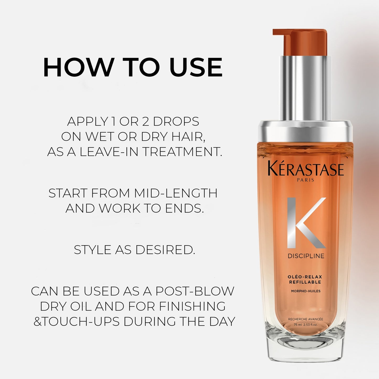 Kérastase Discipline L’Huile Oleo-Relax Refillable Hair Oil 75ml and Refill Duo for Voluminous and Unruly Hair