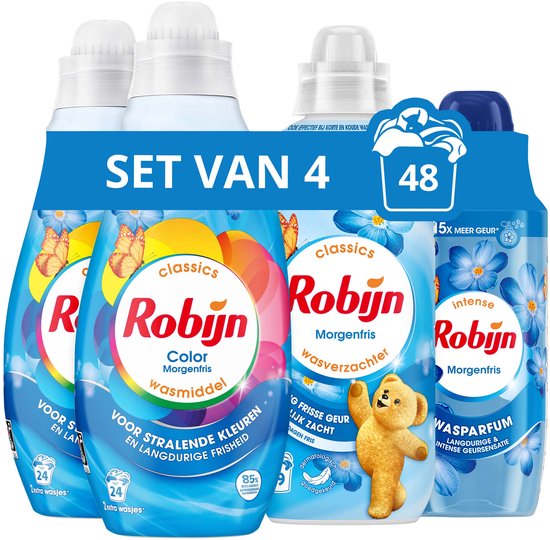 Robijn Perfecte Match - Morgenfris - 4 stuks - 2x wasmiddel + 1 wasverzachter + 1 wasparfum - Voordeelverpakking
