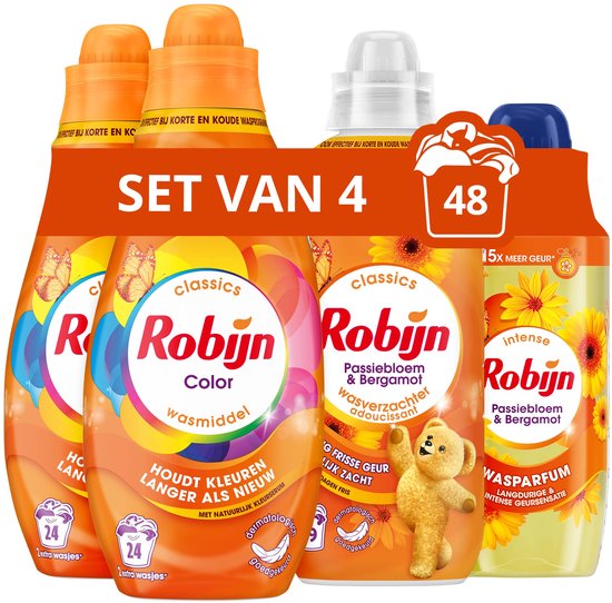 Robijn Perfecte Match - Passiebloem & Bergamot - 4 stuks - 2x wasmiddel + 1 wasverzachter + 1 wasparfum - Voordeelverpakking