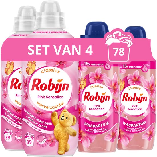 Robijn Perfecte Match Wasverzachter en Wasparfum Pakket - Pink Sensation - 4 Stuks - 2 x 39 Wasbeurten + 2 x 342ml - Voordeelverpakking