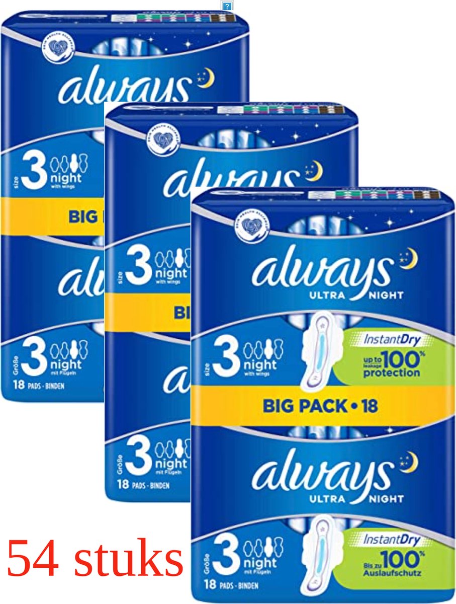 Always Ultra Secure Night (Maat 3) Maandverband met vleugels Multi Pack - 3 x 18 Stuks