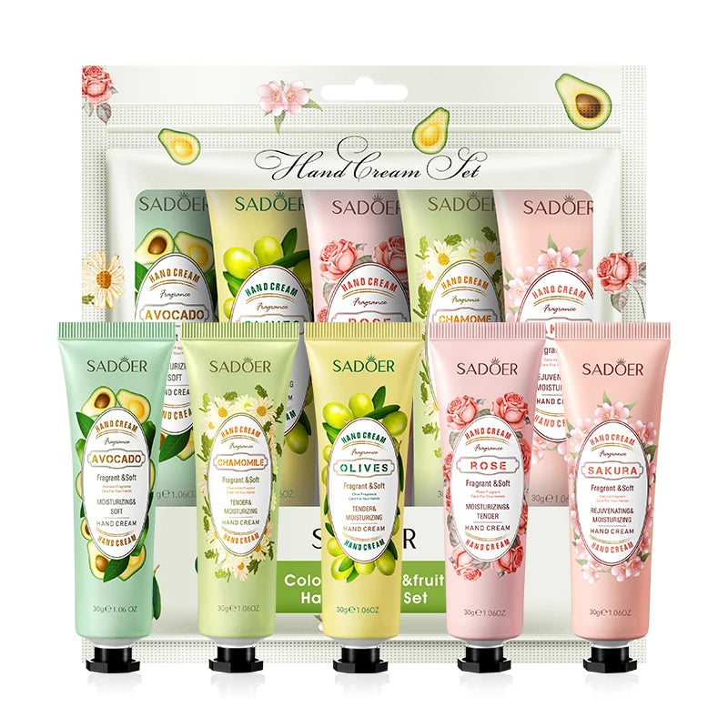 5Pcs/set SADOER Fruit Plant Fragrance Hand Cream Sets Moisturizing Repair Anti