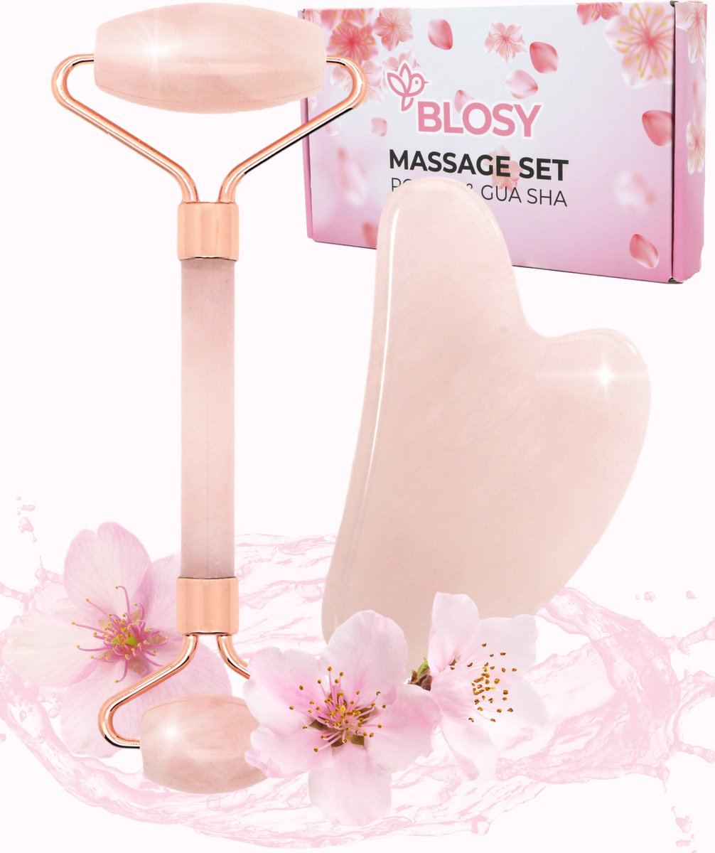 BLOSY Rozenkwarts Roller met Gua Sha Steen - Gezichtsmassage Set - Rose Quartz Face Roller - Hartvormige GuaSha Schraper