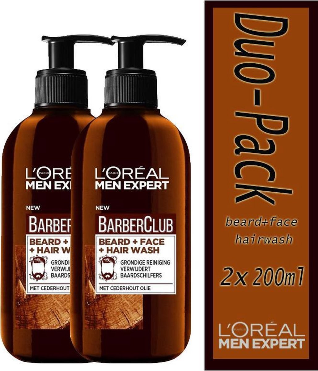 Duo-Pack: 2x  L’Oréal Paris Men Expert BarberClub beard - 200 ml Verrijkt met cederhout olie voor een grondige reiniging en het verwijderen van baardschilfers