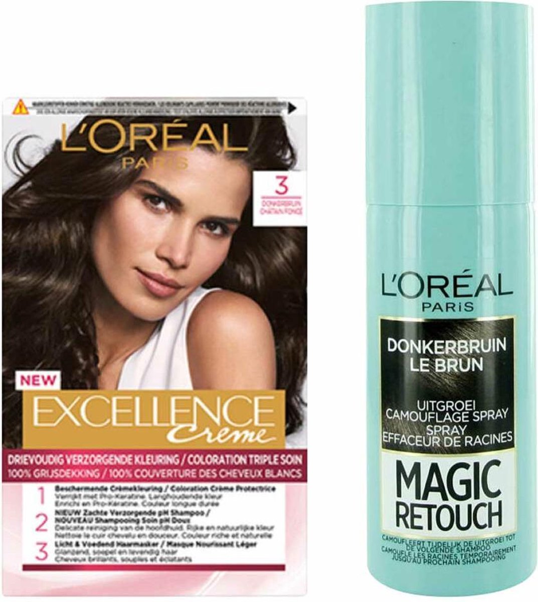 L'Oréal Excellence Creme 3 Donkerbruin + Magic Retouch Uitgroeispray Bruin 75 ml Pakket