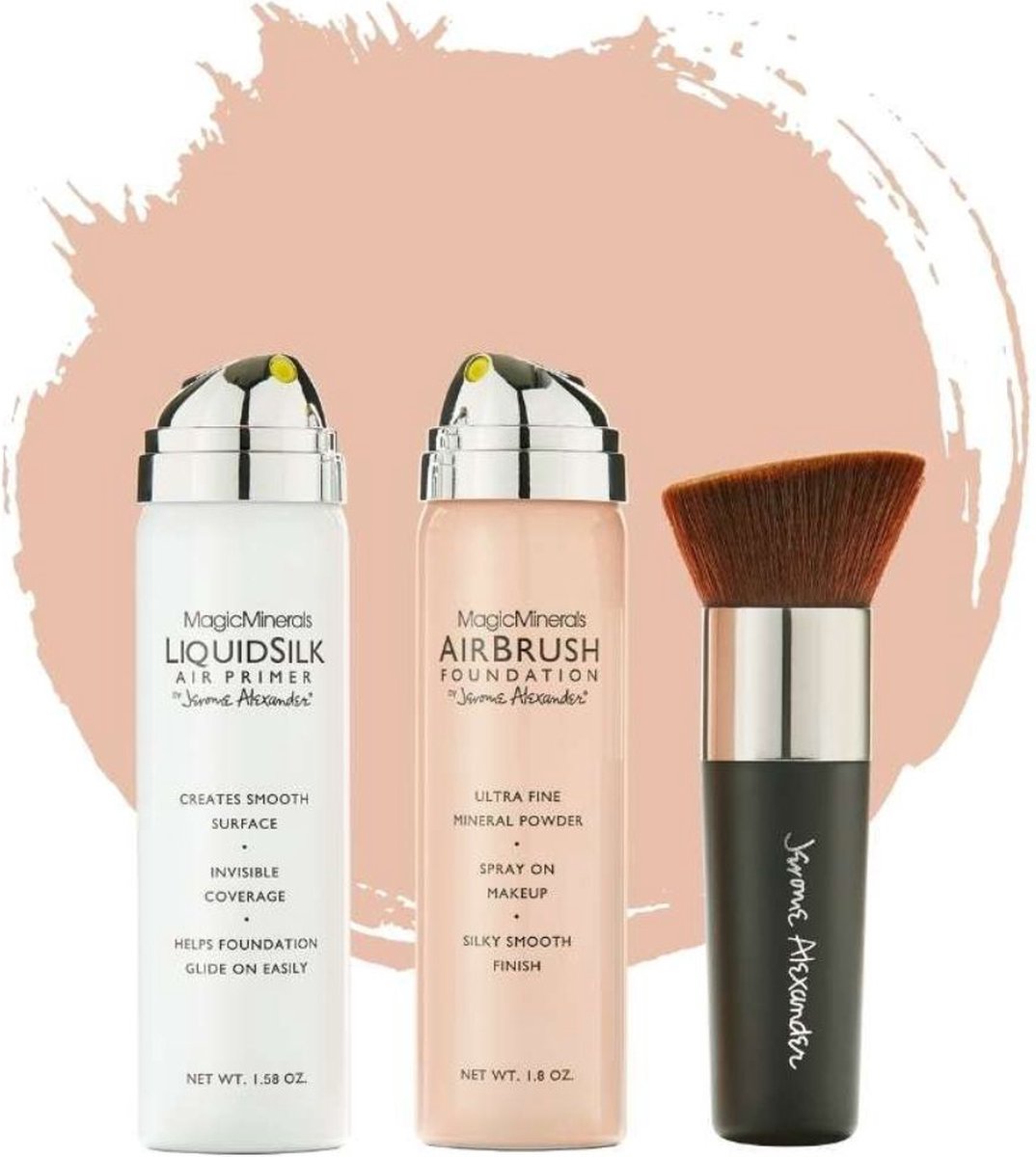 Magic Minerals AirBrush Foundation 3-delige set by Jerome Alexander – Bright/Light – Foundation en LiquidSilk Airbrush Primer kit – Met gratis Kabuki kwast - Make-up met een natuurlijke dekking