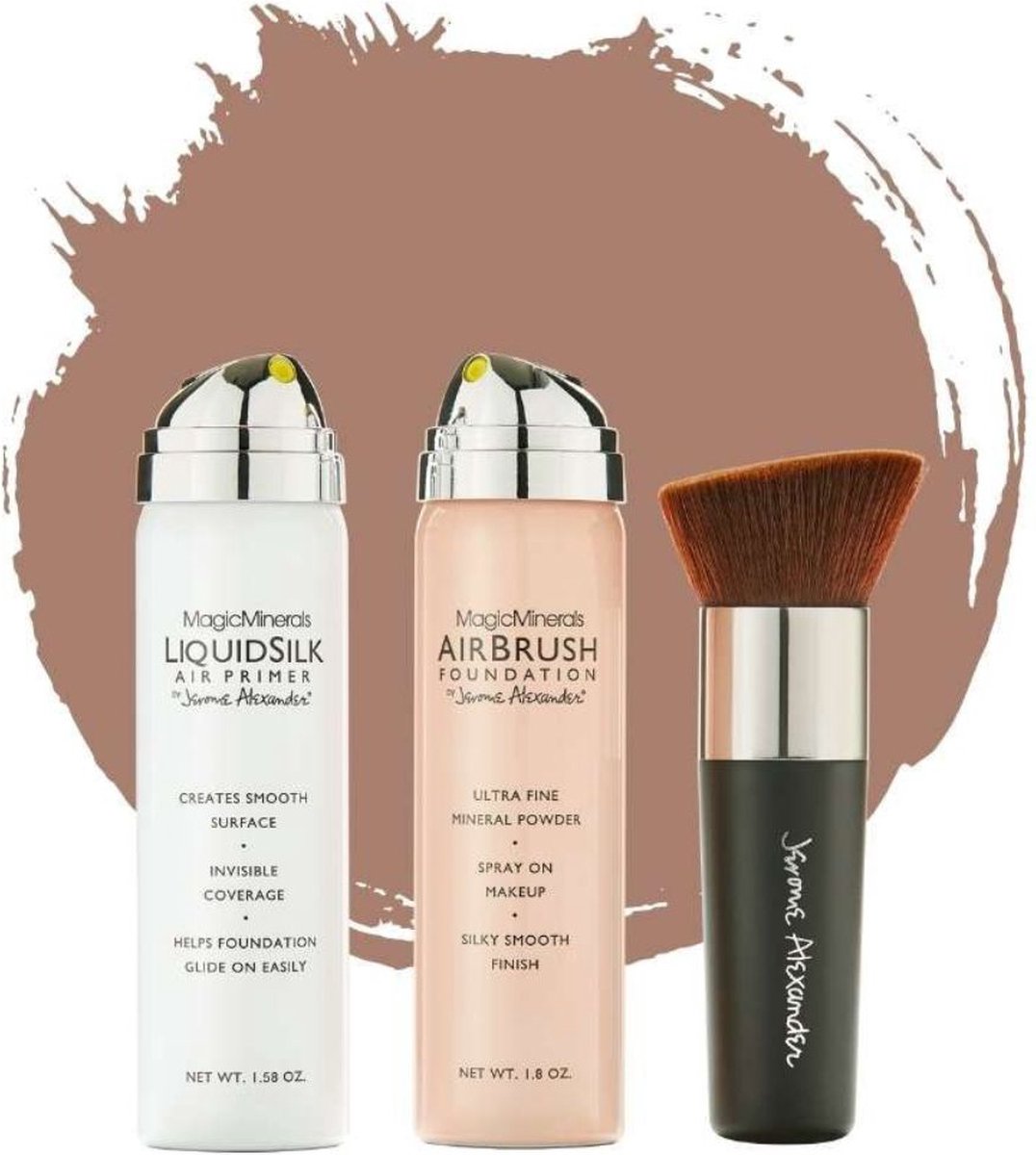 Magic Minerals AirBrush Foundation 3-delige set by Jerome Alexander – Bright/Light – Foundation en LiquidSilk Airbrush Primer kit – Met gratis Kabuki kwast - Make-up met een natuurlijke dekking