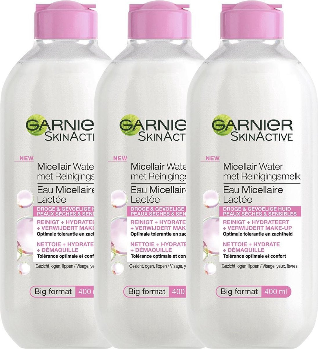 Garnier SkinActive Micellair Water met Reinigingsmelk Droge & Gevoelige huid - 3 x 400ml - Micellair Water Voordeelverpakking