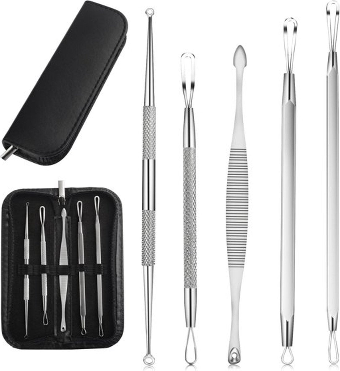 BOTC Acne Verwijderen Set - Professionele set van roestvrij staal - Blackhead Killer - 5 stuks met zwart ritszakje