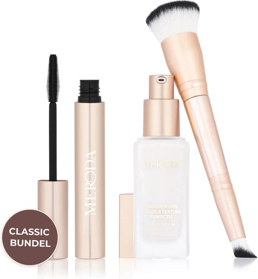 Meroda Classic Bundel - Kleurveranderende Foundation - 30ml - Incl. 2-in-1 Build & Conceal Brush & Gilded Lashes Waterproof Mascara 8ml