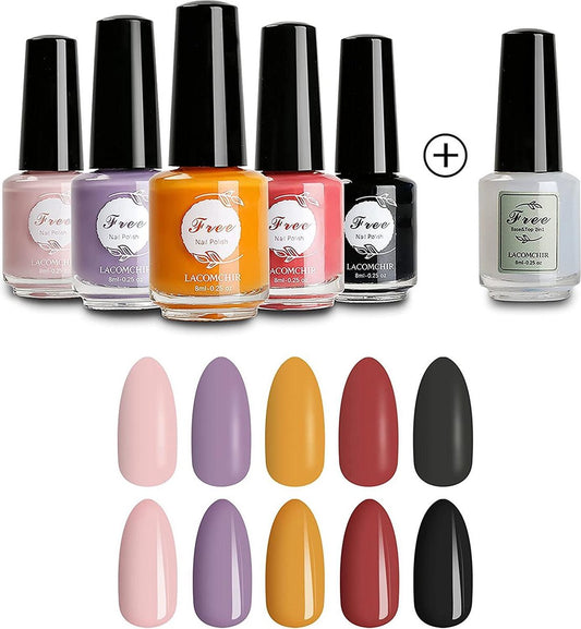 Lacomchir Sneldrogend Nagellak Set 6 x 8 ml Ademend Niet- Giftig 5 Kleuren Mat & 2-in-1 Glanzend Base en Top Coat Vegan Eco-Vriendelijke Organische Nagellak Nail Polish voor Vrouwen Kinderen Tieners