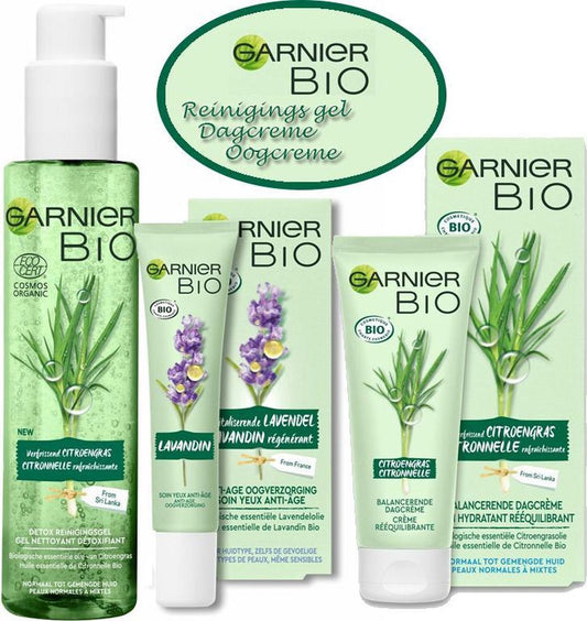 Geschenkset Garnier Bio: Dagcreme 50ml, Reinigings gel 150ml en  Oogcreme 15ml