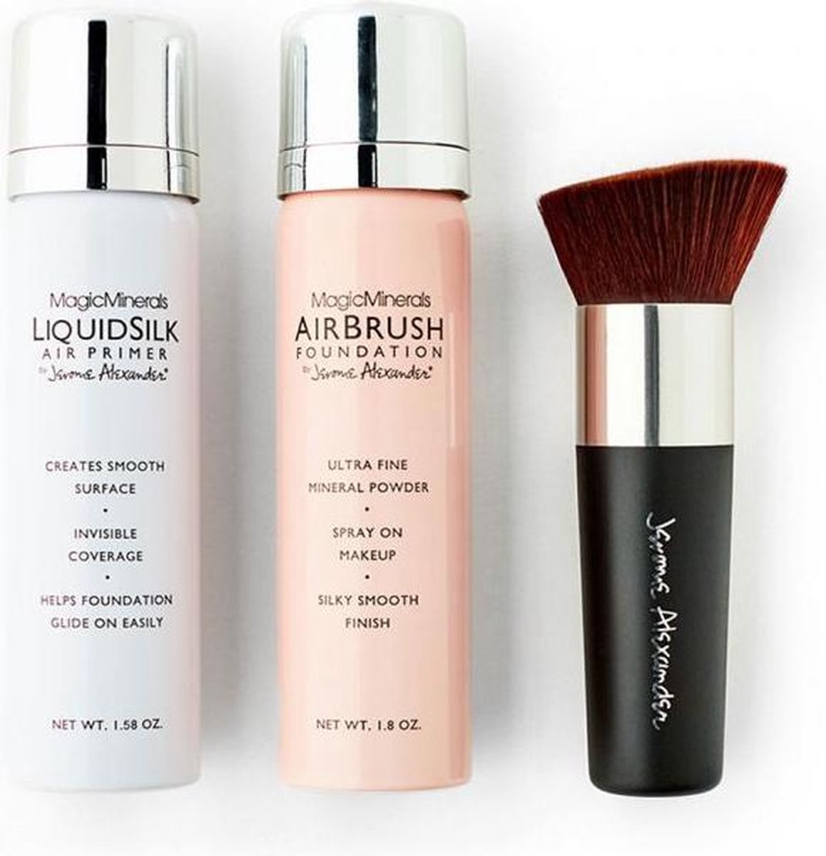 Magic Minerals AirBrush Foundation 3-delige set by Jerome Alexander – Bright/Light – Foundation en LiquidSilk Airbrush Primer kit – Met gratis Kabuki kwast - Make-up met een natuurlijke dekking