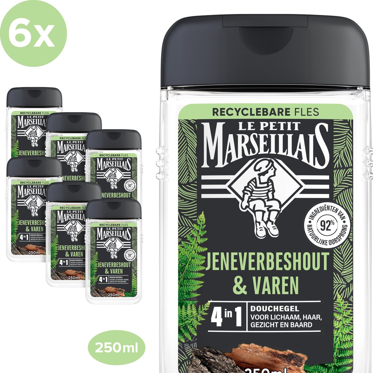 Le Petit Marseillais 4in1 douchegel met jeneverbeshout en varen, biologisch afbreekbare formule en dermatologisch getest, 6x250 ml