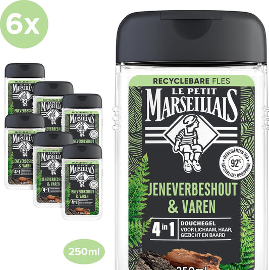 Le Petit Marseillais 4in1 douchegel met jeneverbeshout en varen, biologisch afbreekbare formule en dermatologisch getest, 6x250 ml
