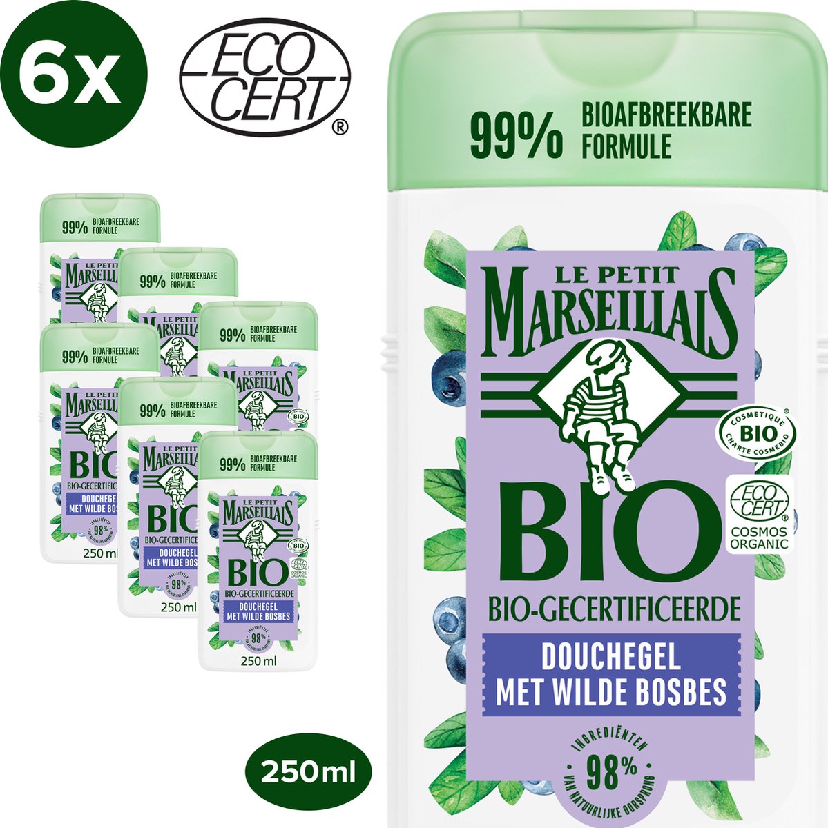 Le Petit Marseillais 4in1 douchegel met jeneverbeshout en varen, biologisch afbreekbare formule en dermatologisch getest, 6x250 ml
