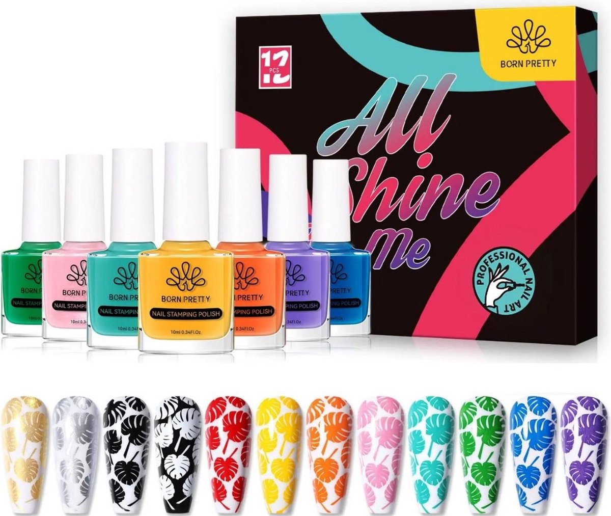 Born Pretty - 12 x 10 ml - Stempel nagellak - Stamping polish - Stamping nail polish - Stempel nail art - Stempel voor nagels - Stempel nagel set - Stempel nagellak wit - Stamping polish - Stempel nagellak zwart - Stamping polish set