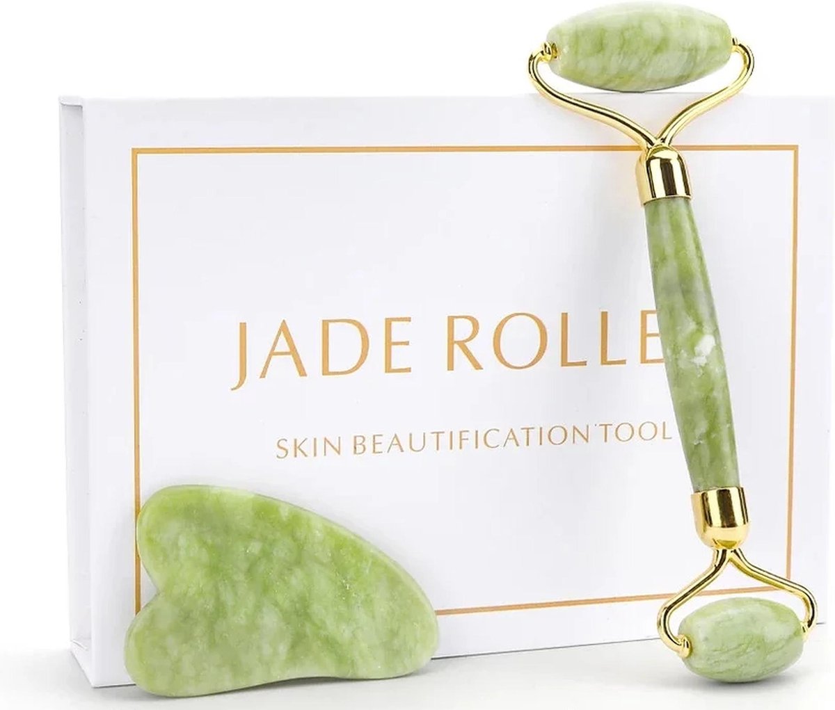Chessna's®|  LUXE Jade roller met Gua Sha tool - 100% natuurlijke jade steen  -  gezichtsroller  -  gezichtsmassage  -  betere doorbloeding  -  vermindert wallen en rimpels  -  ladies care  -  anti-aging  - gua sha schraper - valentijn