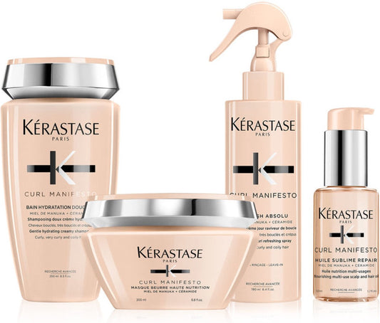 Kérastase Curl Manifesto Krullend haar pakket  - Krultype 3 / 4 - Bain Hydratation Douceur Shampoo 250ml - Masque Beurre Haute Nutrition 200ml - Huile Sublime Repair Haarolie 50ml - Refresh Absolu Krulverfrissende Spray 190ml-