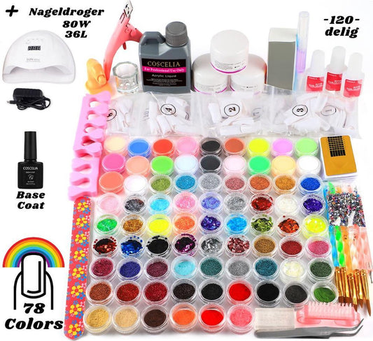 Acryl Nagels Starterspakket - Acryl poeder - 80W36LED - UV Lamp - Gellak - 120 delig - 78 Kleuren - Nailart - 500 Franse Tips - Acryl Starterspakket - Nagel Starter Kit Set - 500 Franse Tips - Nagellijm - Gellak - Nagelstickers - Nageldroger