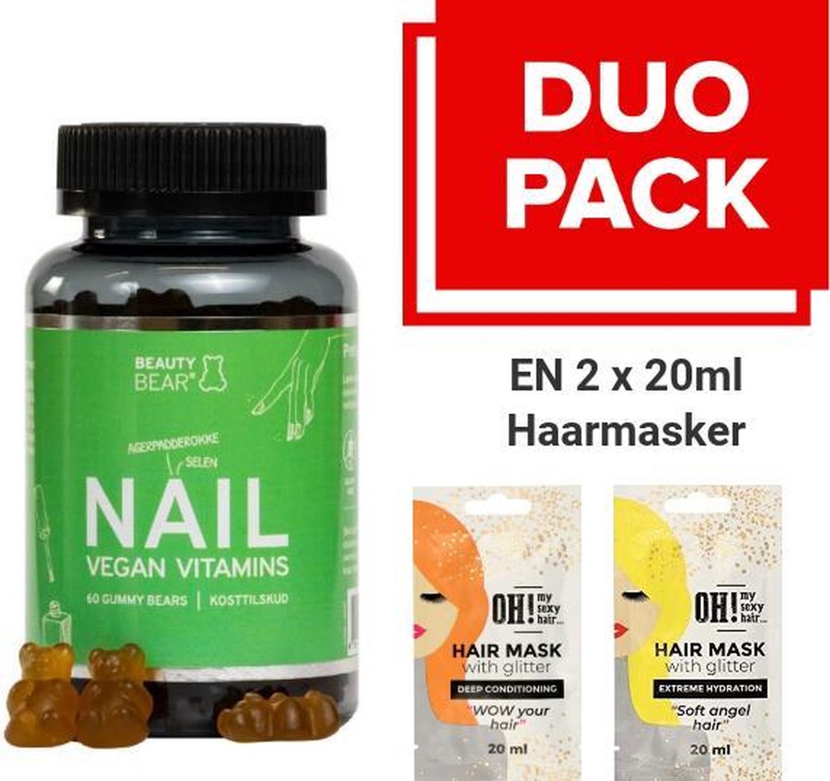 Beauty Bear Hair Vitamines Nail Vitamines, 60 Gummies + 2 x 20ml Haarmasker