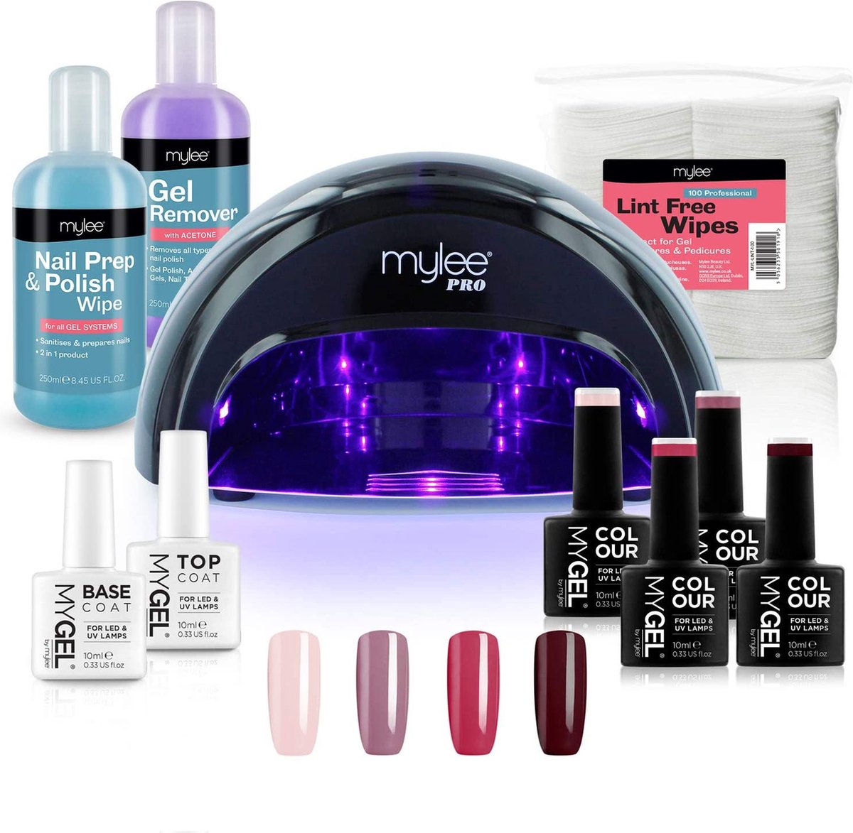 Mylee Compleet Professioneel Gelnagellak Ledlamp Kit, 4x MyGEL Nagellak, Top & Base Coat, Mylee PRO Salon Convex Curing® LED-lamp, Prep & Wipe, Gelremover en meer (Kit met zwarte lamp)
