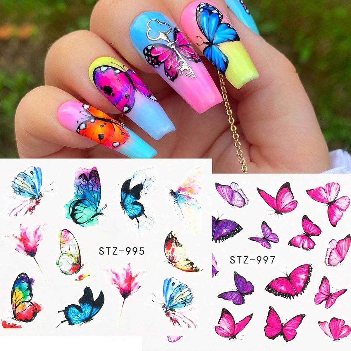 Nagelstickers - Gekleurde Vlinders - Glimmend -  Hoge Kwaliteit Nagels Sticker Velletje - Stickers voor Nagel - Nagelstickers Velletjes - Magische Rozen