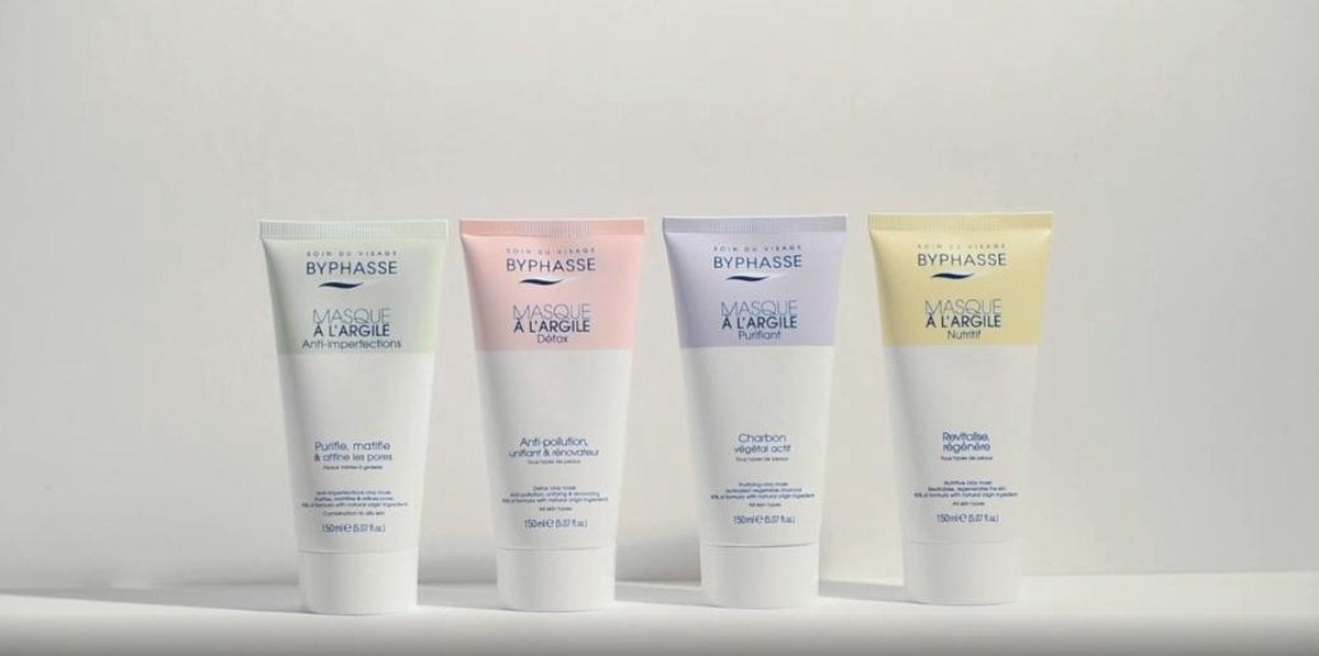 Byphasse Soin de Visage Clay Mask Kit - Clay and Glow - Kleimasker Gezichtsmasker Verzorging - Detox - Nutritive - Purifying - Anti Imperfection - 4 x 150 ml Tubes