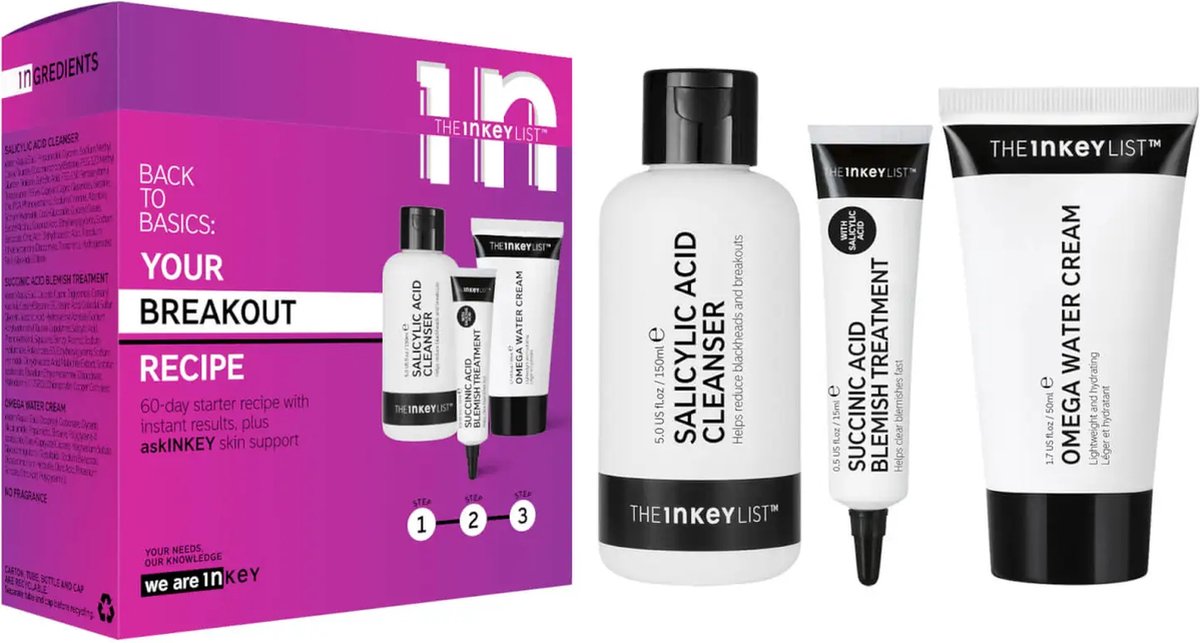 The Inkey List hydraterende Anti acne set - crème - serum - gezichtsreiniger - salicylic acid - succinic - omega