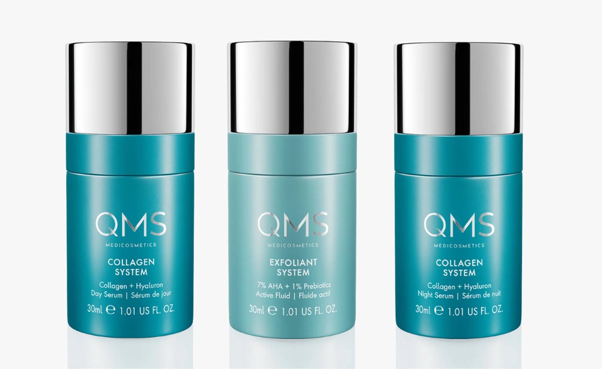 QMS Collagen Serum + Exfoliant Medium Set 3x30ml - Collagen Day Serum - Collagen Night Serum - 7% AHA Active Fluid + Gratis 4 Stuks QMS Samples