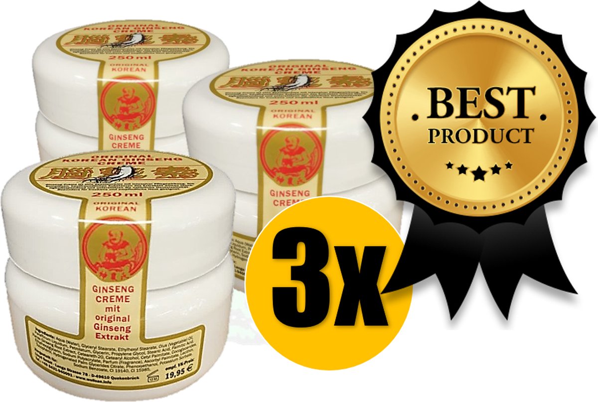 Ginseng Crème - 3 Potten - Panax Korean - Originele - 750 ml - Ginseng Wortel - Tegen Acne - De Snuffelaar®