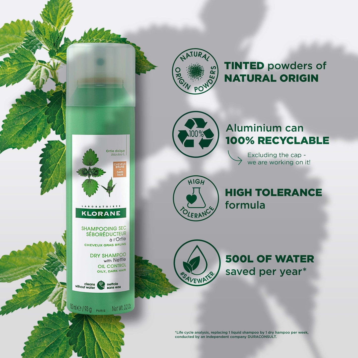 KLORANE Oil-control Tinted Dry Shampoo with Nettle for Oily, Brown-Dark Hair 150ml