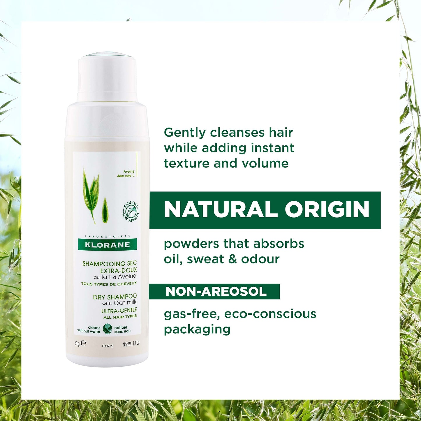 KLORANE Eco-Friendly Dry Shampoo with Oat Milk for All Hair Types 50g