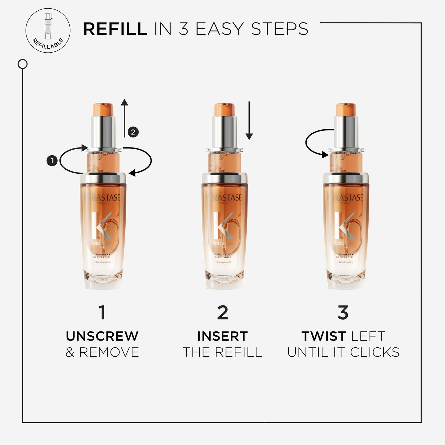 Kérastase Discipline L’Huile Oleo-Relax Refillable Hair Oil 75ml and Refill Duo for Voluminous and Unruly Hair