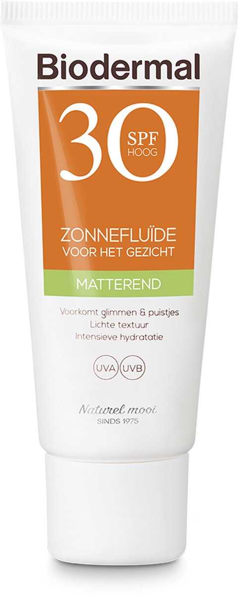 Biodermal Zonnebrand -  Matterende Zonnefluïde voor het gezicht SPF 30 - 40ml - Voorkomt glimmen en puistjes