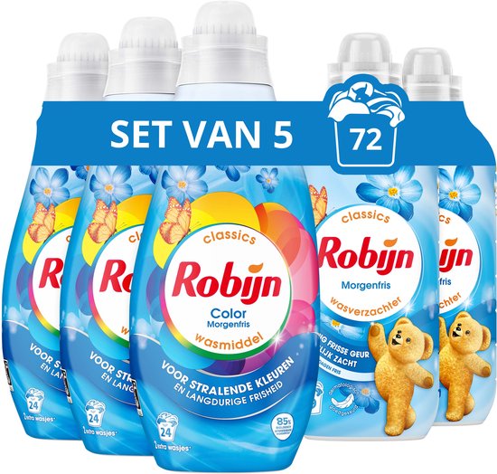 Robijn Perfecte Match Wasmiddel en Wasverzachter Pakket - Morgenfris - 5 Stuks - (72 Wasbeurten) - Voordeelverpakking