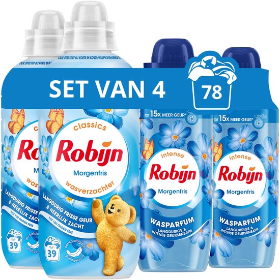 Robijn Perfecte Match Wasverzachter en Wasparfum Pakket - Morgenfris - 4 Stuks - 2 x 39 Wasbeurten + 2 x 342ml - Voordeelverpakking