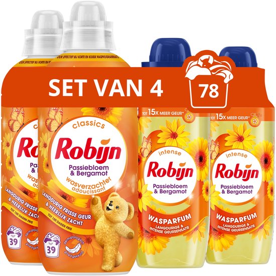 Robijn Perfecte Match Wasverzachter en Wasparfum Pakket - Passiebloem & Bergamot - 4 Stuks - 2 x 39 Wasbeurten + 2 x 342ml - Voordeelverpakking