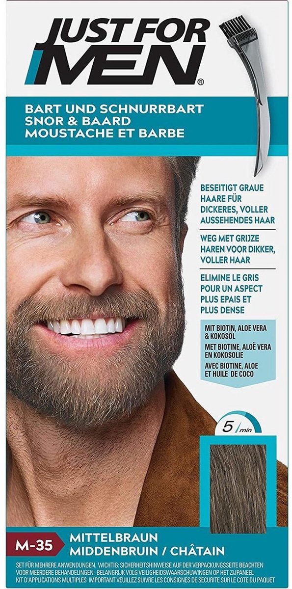 Just for Men Snor en Baard Haarkleuring M35 Middenbruin - Haarverf voor Mannen - Grijs Haar Verdwijnt in 5 Minuten - Versterkt Natuurlijke Kleur - Eenvoudig te Borstelen - Zonder Ammoniak - Meerdere Keren Bruikbaar - Blijft tot 8 Weken Zitten