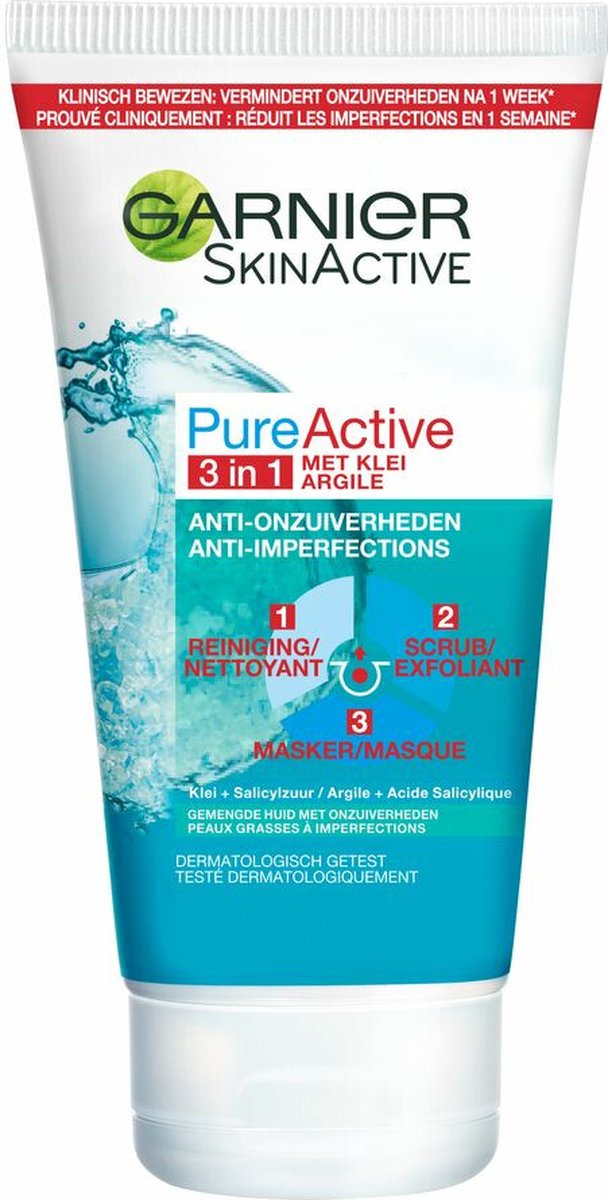 Garnier - PureActive 3-in-1 Masker met Klei Argile voor de Gemengde Huid met Onzuiverheden - 2 x 150ml - Tegen mee-eters en onzuiverheden - Voordeelverpakking